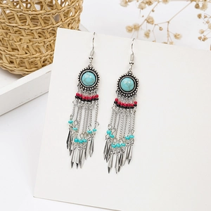 Bohemian silver drop earrings with turquoise stones and feather tassel charms