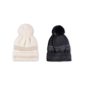 Winter knitted beanie hats for men and women with pompom and sparkly stripe details