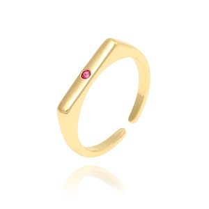 Minimalist adjustable gold ring with a square face and a pink cubic zirconia stone