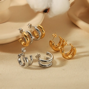 18K gold plated stainless steel C-shape double line hoop earrings in gold and silver