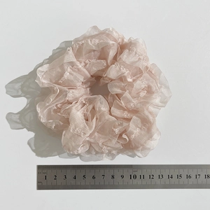 Pink chiffon scrunchie with pleated design showing a 10cm diameter measurement detail