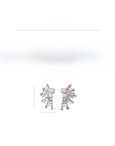 Detailed view of silver needle fan-shaped earrings with rhinestones and faux pearls