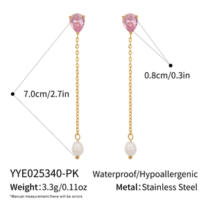 Detailed size chart showing long gold tassel earrings with pink heart and freshwater pearl