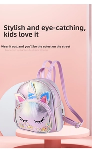 Macro detail of holographic unicorn backpack with sequins and plush colorful faux fur