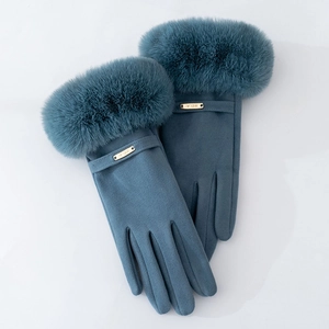 Blue winter gloves for women with faux fur cuffs and anti-slip velvet lining