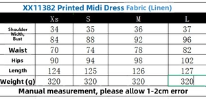 Size chart for floral linen midi dress showing measurements from XS to L in cm and g