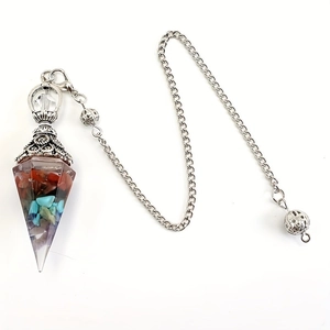 Orgone crystal pendant necklace with colorful natural crushed stones and silver chain