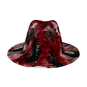 Graffiti style red and black tie-dye fedora wool hat with street culture lettering design