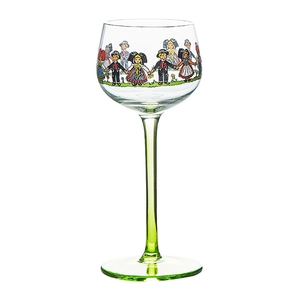 European luxury Alsace glass goblet with green stem and folk art illustration