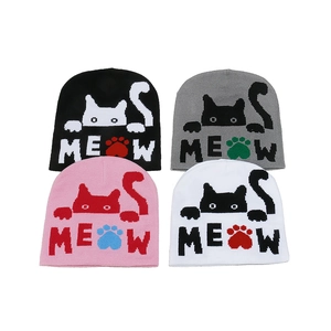 Cute Women Cat Jacquard Knit Beanie Hat Acrylic Warm Winter Meow Letter Pattern Soft Windproof Headwear For Girls
