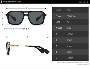 Detailed technical size chart for 6065 square pilot sunglasses showing full frame dimensions