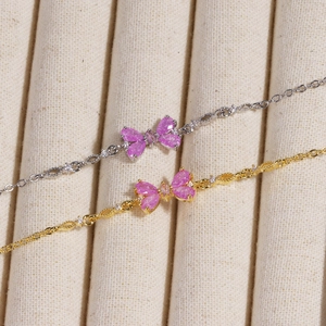 Butterfly Bow Bracelet Brass Gold Plated Pink Zircon Adjustable Thin Chain Sweet Hypoallergenic Jewelry For Women