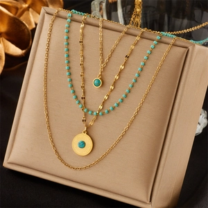Layered Stainless Steel Necklace With Turquoise Beads Coin Sun Pendant 18K Gold Plated Vintage Jewelry For Women