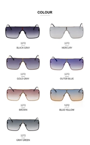 Detailed color options for oversized sunglasses featuring various tinted lenses and metallic frames