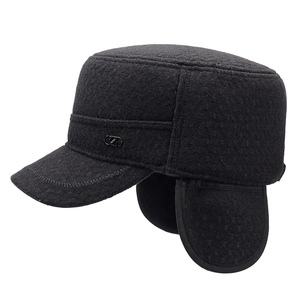 Warm black flat top hat for elderly men with ear protection and metal detail