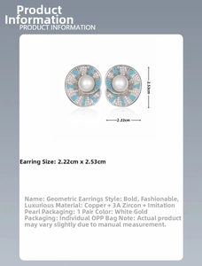 Detailed view of silver-tone circular earrings with turquoise accents and white pearls