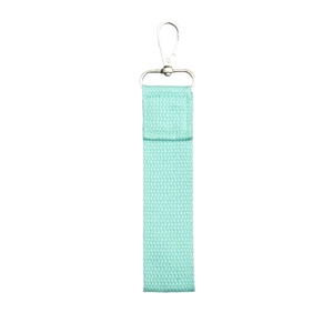 Mint green ribbon keychain with silver metal lobster clasp and woven texture