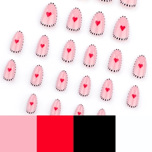 Faux ongles amande courts roses avec motif cœur rouge et bordures rayées noir et blanc