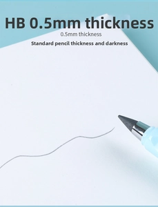 Close-up of light blue inkless pencil showing HB 0.5mm graphite tip writing on paper