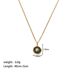 Detail of 40cm+5cm gold starburst pendant necklace with turquoise inlay and measurements