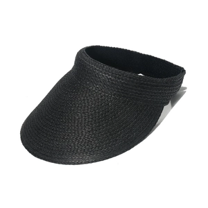Detail of black woven raffia texture and sun visor design on a summer sun hat