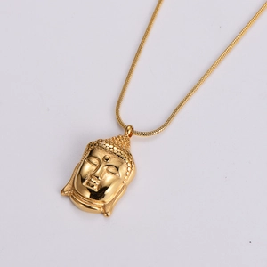 Buddha Head Pendant Necklace 18K Gold Plated 316L Stainless Steel Snake Bone Chain Religious Retro Style For Men Women