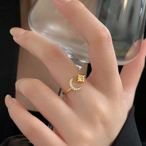 Minimalist 925 sterling silver open ring with pavé zircon star and moon in gold
