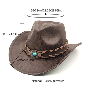 Brown western cowboy hat with turquoise leather band and detailed size measurements