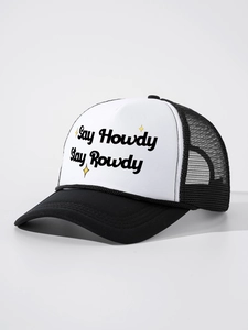 Detail of Say Howdy Stay Rowdy print on a black and white foam trucker hat mesh cap