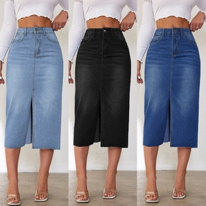 Retro Denim Midi Rok Hoge Taille Split Aan De Voorkant Ruwe Zoom Gewassen Niet Elastisch Streetwear Voor Dames Mode