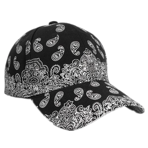 Retro paisley baseball cap in black cotton twill with white bohemian pattern