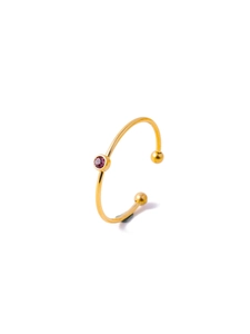 Macro detail of gold-plated ring featuring a bezel-set purple zircon and rounded ends