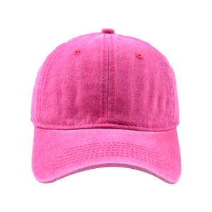 Close-up of vintage washed rose red baseball cap with embroidered eyelets and curved brim
