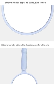 Detail of light blue handheld mirror featuring rounded edges and cute bunny ear handle