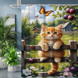 Detail of fabric shower curtain with digital print of a ginger kitten on a wooden fence
