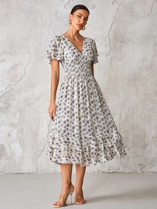Vintage V-neck floral midi dress with high waist and ruffled short sleeves for women