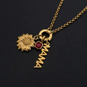 Collier pendentif MAMA en acier inoxydable plaqué or 14K avec tournesol et cristal rouge