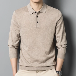 Men Casual Knit Polo Shirt Long Sleeve Solid Color Pullover Business Knitted Sweater Top For Autumn Winter