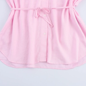 Pink linen long sleeve button-down shirt for women with waist drawstring and curved hem