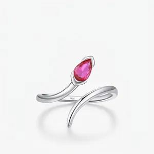 925 Sterling Silver Ring Pear Shaped Red Cubic Zirconia Snake Design Wrap Adjustable Open Finger Jewelry For Women