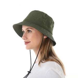Army green sun hat detail with adjustable black drawstring for hiking and outdoor activities