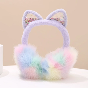 Detailed close-up of gradient plush earmuffs with sequin cat ears and soft fluffy texture