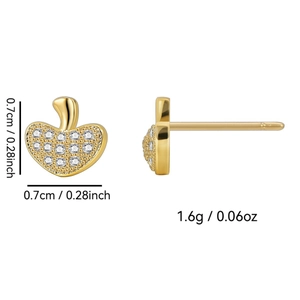 Gold-plated brass apple stud earrings with pavé cubic zirconia, sized 0.7cm and 1.6g