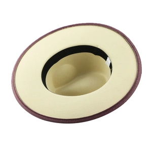 Detail of wool fedora interior showing the two-tone purple and beige design with sweatband