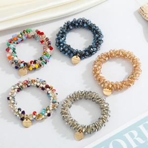 Set of 5 minimalist handmade beaded hair ties with pearls and metal tags for women