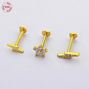Three-piece S925 sterling silver gold stud set featuring lightning bolt and zircon flower