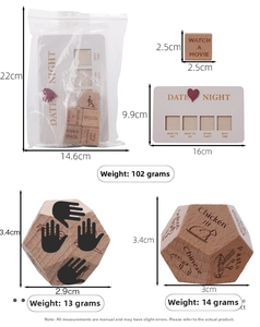 Detailed dimensions of wooden Date Night dice set including board and activity cubes