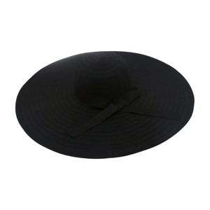 Detail of wide brim black sun hat featuring a classic matching black ribbon bow decoration