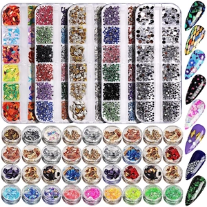 Acrylic nail art rhinestone and foil set in twelve-grid storage boxes with sample tips