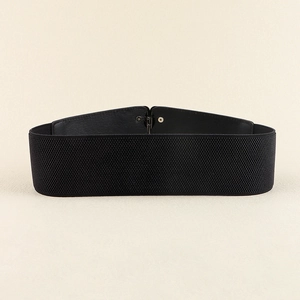 Close-up of black elastic corset belt with leather panel stitching and metal snap buttons